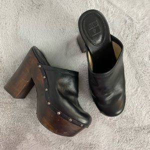 Frye Mara Black Leather Boho Wooden Clog 8.5